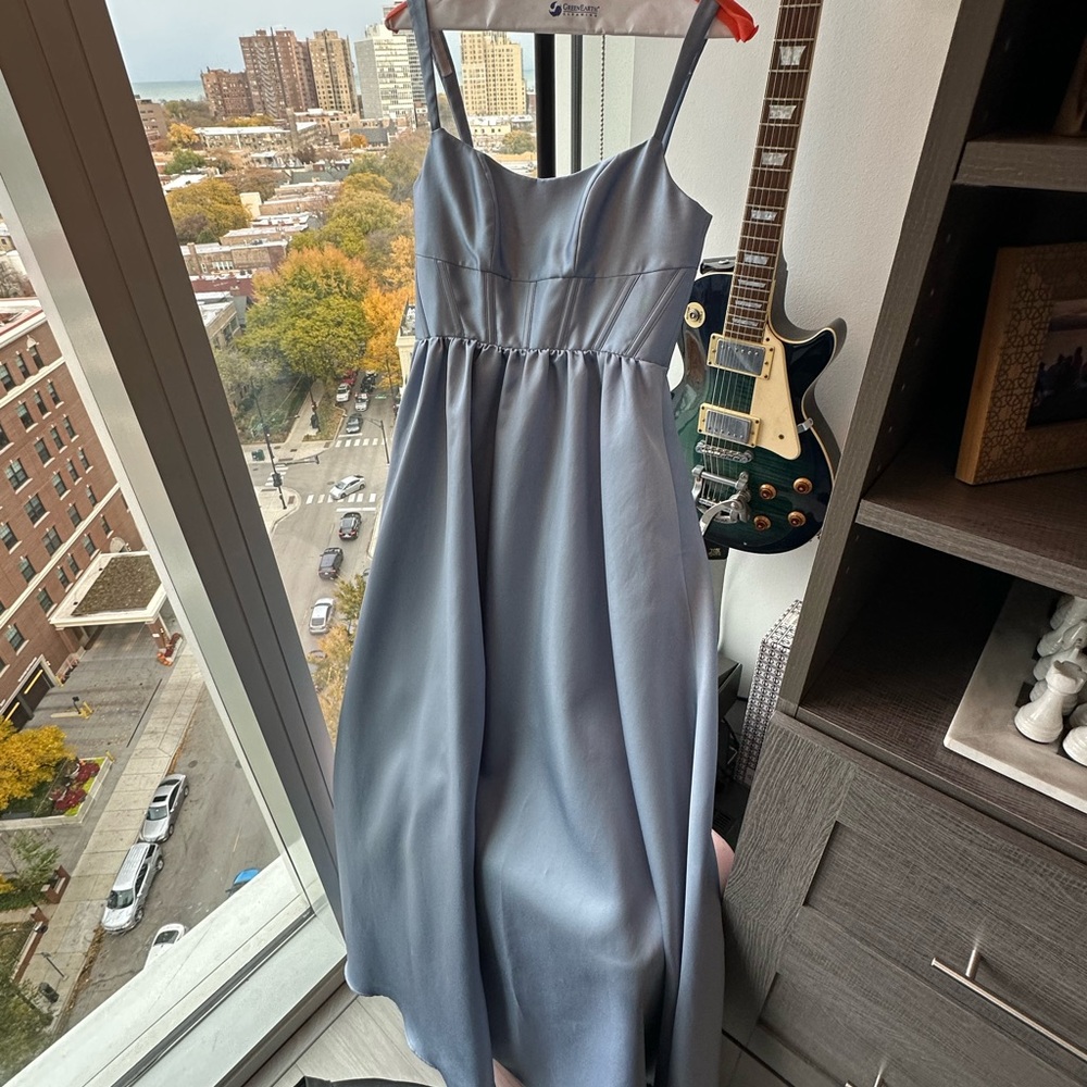 DESSY SCCOP NECK INSET CORSET SATIN MAXI DRESS WITH POCKETS IN CLOUDY BLUE